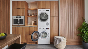 The Bosch 500 Series WTW87NH1UC Heat Pump Dryer is perfectly designed to match the Bosch WAW285H1UC Front Load Washer, making it a modern, stackable pair.