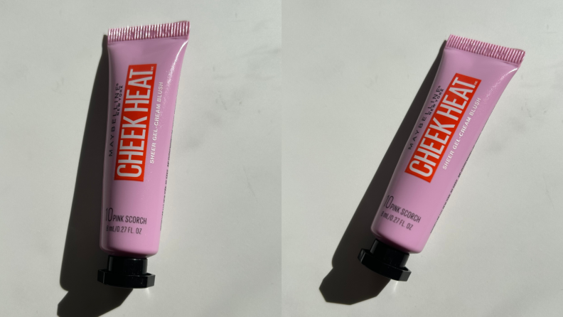 Maybelline Cheek Heat liquid blush against a marbled background.