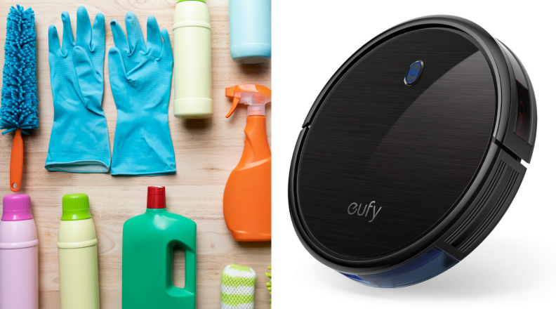 This image shows cleaning supplies on the left side and a robot vacuum on the right side.