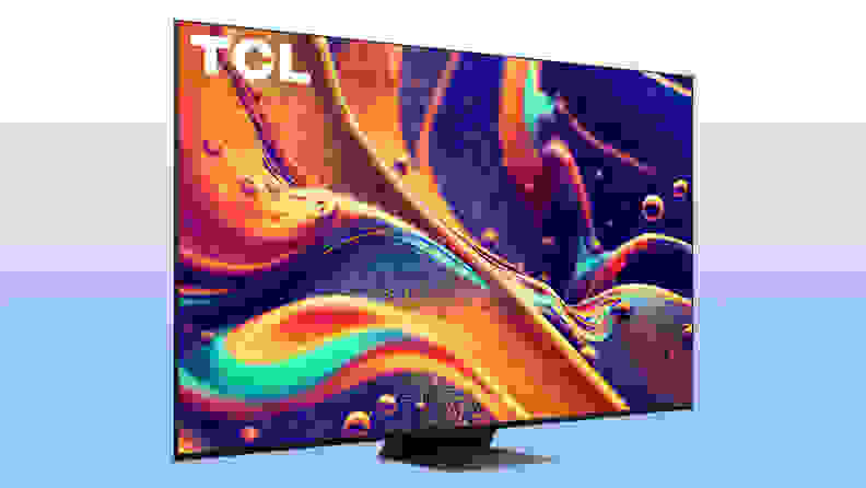 The TCL QM8 QLED TV against a colorful background