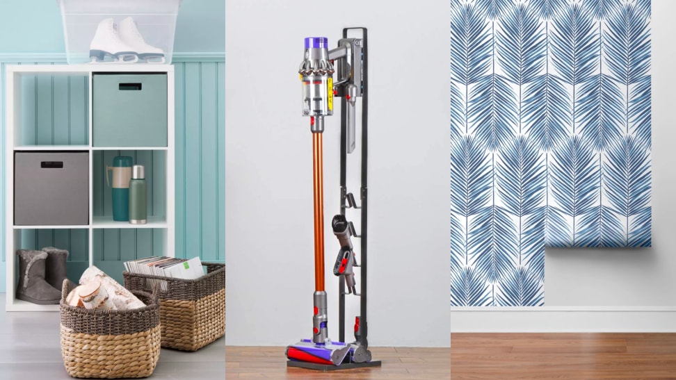 A storage container; a vacuum stand; and stick-and-peel wallpaper.