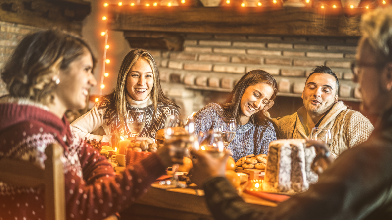 A happy family around a table