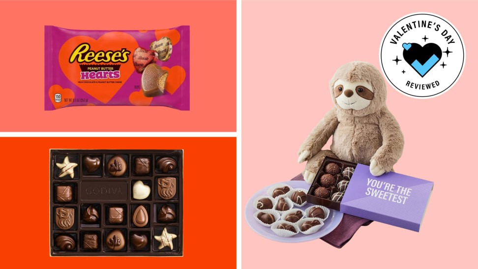 Various Valentine's Day-themed chocolates with the Valentine's Day Reviewed badge in front of colored backgrounds.