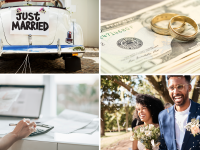 A car with "just married" on back, money with gold bands on top, Person on computer with a calculator, a couple who just got married.
