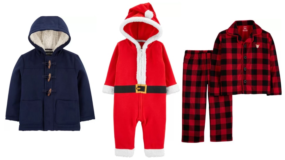 An image of a blue toggle coat, a Santa onesie, and buffalo plaid pajamas from Carter's