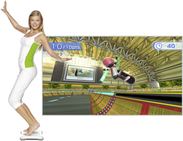A woman uses the Wii Fit Balance Board