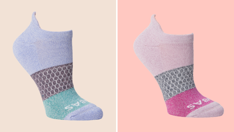 Two pairs of socks, one in blue and the other in pink.