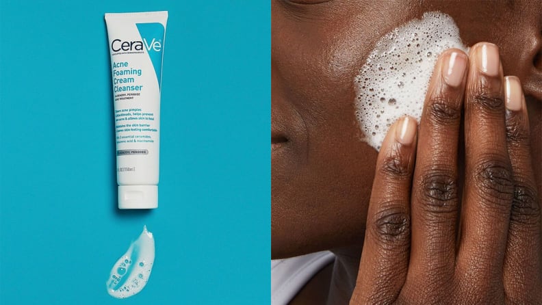 On the left: A white and teal squeeze tube in front of a teal background with a swatch of lotion beneath it. On the right: A closeup on a person's cheek as they massage a white cream into it.