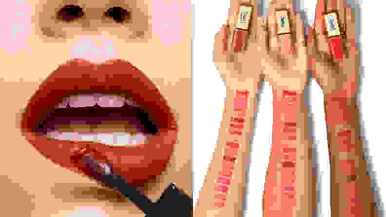 On the left: A closeup of a person's lips wearing a red Yves Saint Laurent Tatouage Couture Liquid Matte Lip Stain with the applicator on their lips applying the color. On the right: Three arms of different skin tones displaying swatches of all of the Yves Saint Laurent Tatouage Couture Liquid Matte Lip Stain colors.