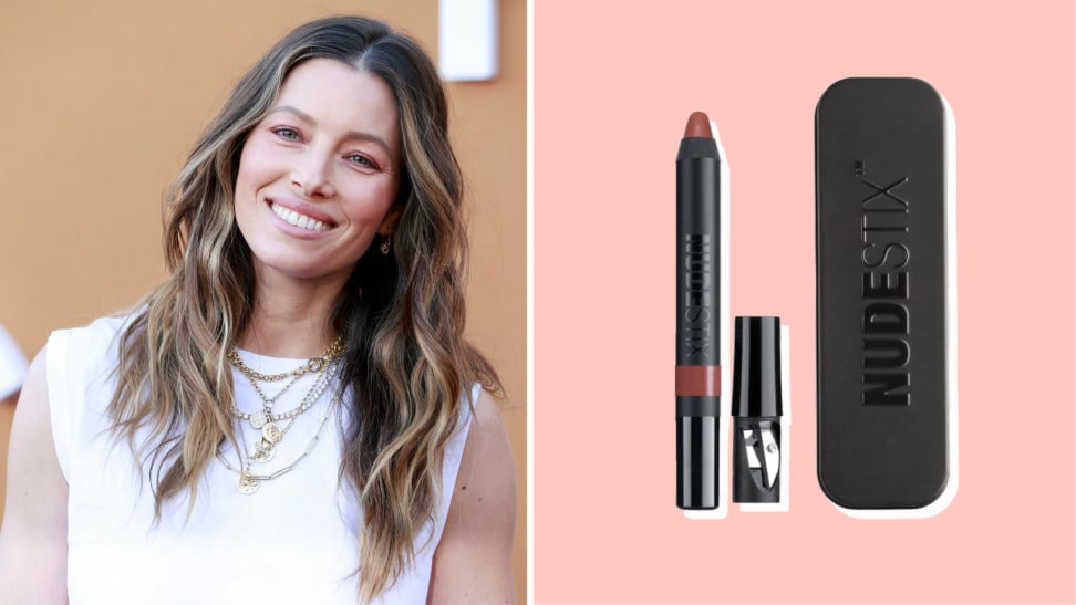 Collage of Jessica Biel and a red lip liner from Nudestix against a pink background.