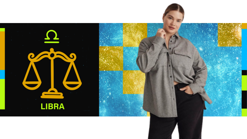 On the left is the symbol for Libra, and on the right is a model wearing a gray shirt and black pants.