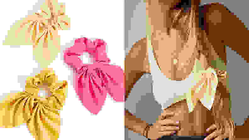 Left: Image of three bright colored scrunchies. Right: model wearing a scrunchie in braided hair.