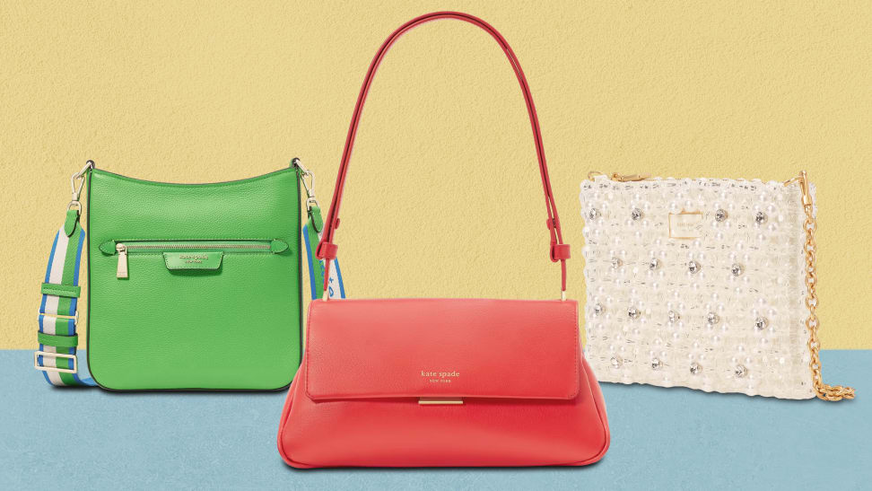 Kate Spade bags in different colors and styles on a yellow background.