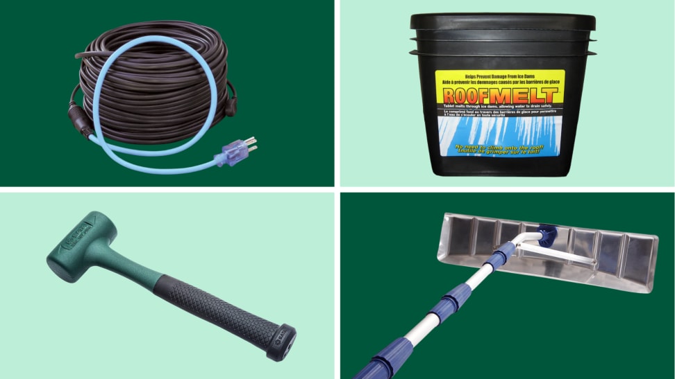A de-icing wire, roof melt, mallett, and roof rake against a teal and green background.