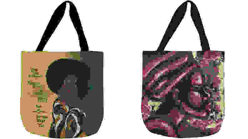 Two tote bags with handmade designs.