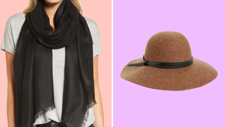 An image of a model wearing a black scarf in a gauzy fabric, next to an image of a brown felt hat with a floppy brim and a leather thong wrapped around the center.
