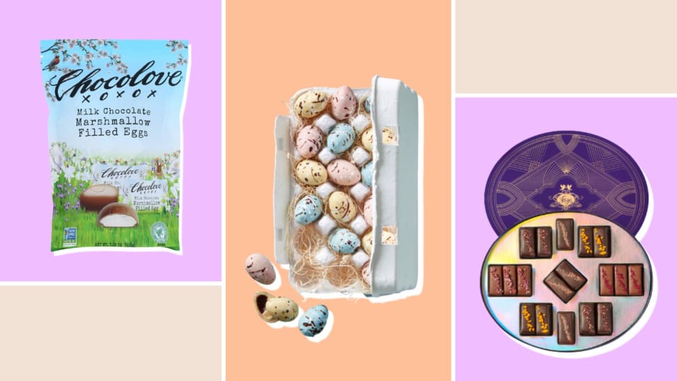 Left to right: Package of Chocolove marshmallow-filled eggs, carton of egg-shaped truffles, and box of artisan caramels