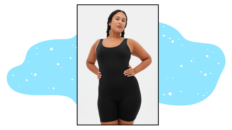 A black figure-hugging bodysuit.