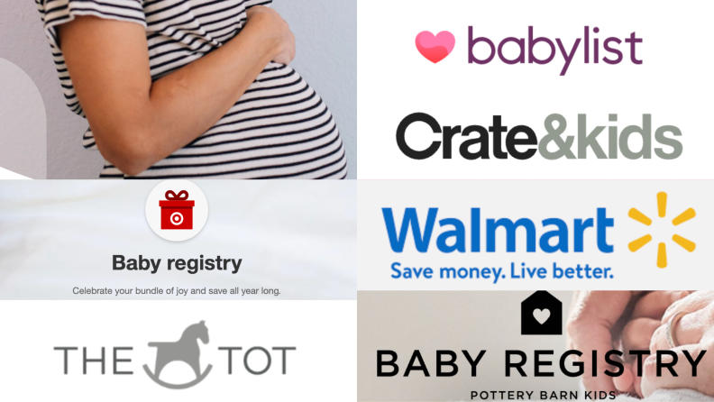 A woman holding her pregnant belly and logos of top baby registry sites