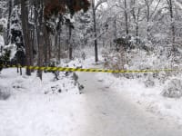Piece of barrier tape in a snowy forest blocking entry