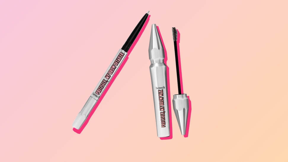 Benefit Cosmetics eyebrow pencil and wax against a pink and orange background.