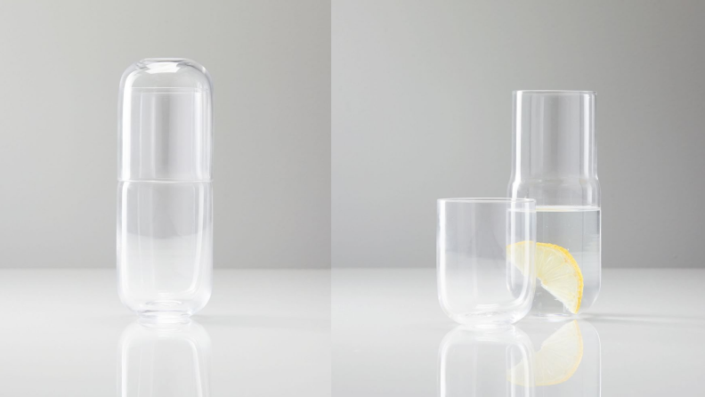 A glass water carafe and stackable water glass. On the left, the glass is stacked on top of the carafe. On the right the glass is next to the carage.