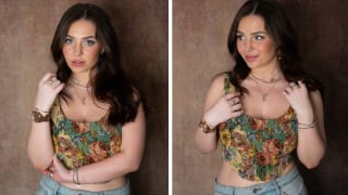 Actress and writer Bibi Lucille wearing a patterned corset, jeans, and layered necklaces, bracelets, and rings.