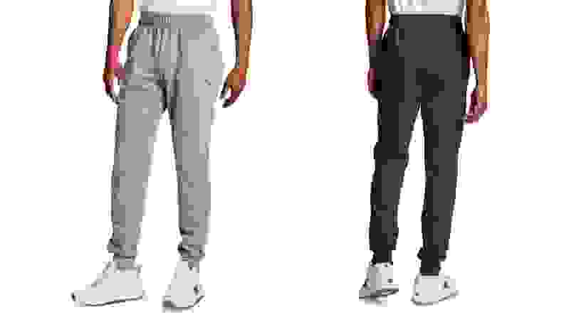 Split image: A model poses in both light- and dark-gray Champion-brand sweatpants.