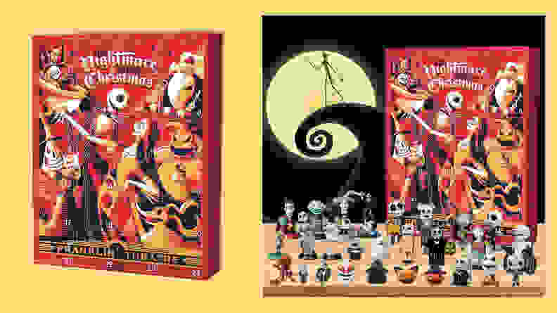 nightmare before christmas halloween advent calendar along with its toys on a yellow background.