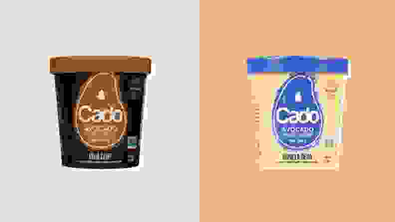 Two pints of dairy free ice cream from Cado side by side.