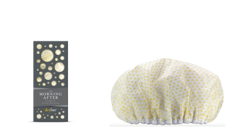 On left, black and yellow product box of Drybar morning after shower cap. On right, yellow and white Drybar shower cap.