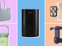 A collection of items on sale at Amazon displayed in front of colored backgrounds.