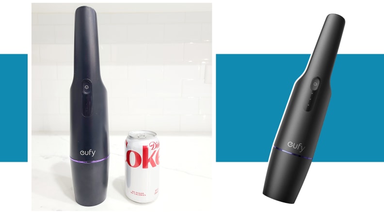 The Eufy Cordless Handheld Vacuum is compared to the size of a Diet Coke can.