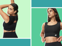 Collage of two images of models wearing a black sports bra.
