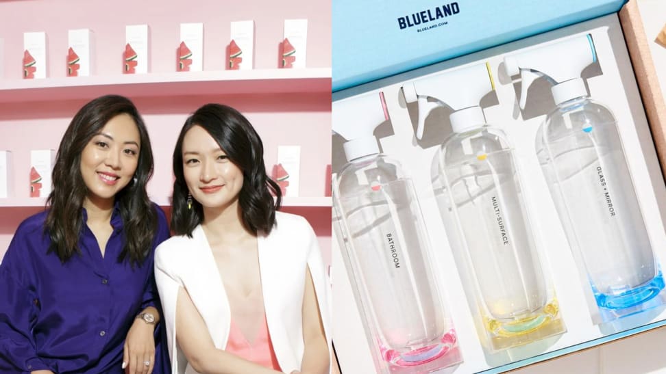 Left: Asian female founders of Glow recipe brand, Right: Blue Land cleaning supplies in box