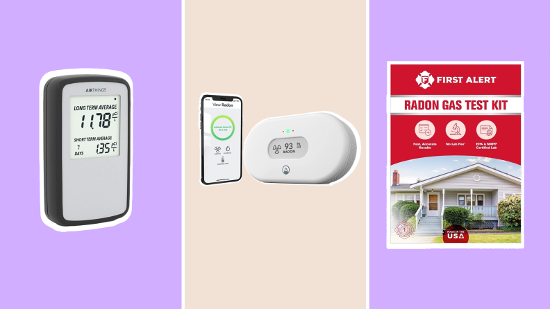 On left and middle, two radon detection systems from Airthings. On right, radon gas test kit from First Alert.