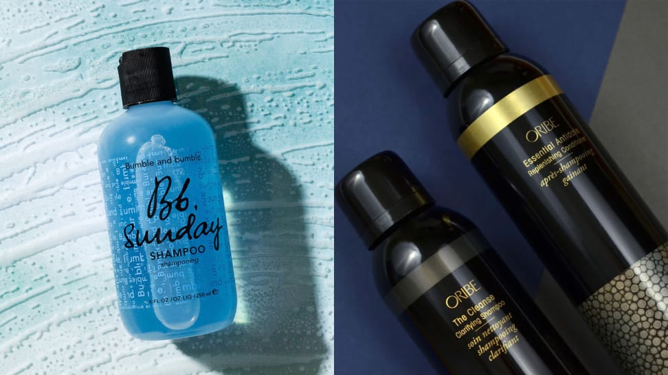 The Bumble and Bumble Sunday Clarifying Shampoo next to the Oribe The Cleanse Clarifying Shampoo.