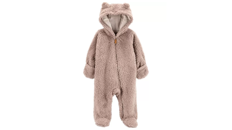 An image of a brown sherpa bear onesie with a hood with ears.