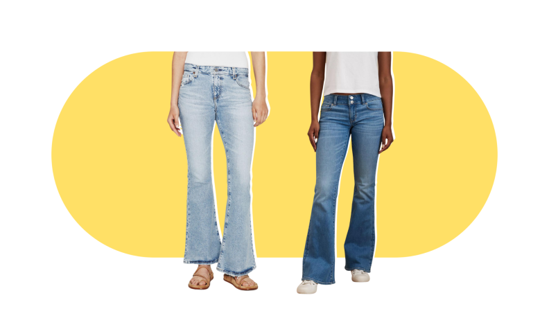Low-rise flare jeans worn by models.