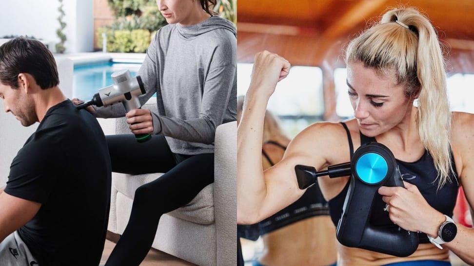 The Hyperice Hypervolt and Theragun massage tools in action.