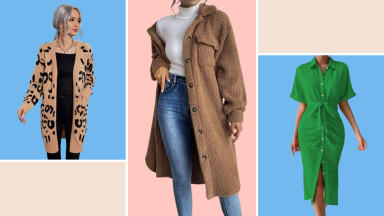 Collage of a leopard-print sweater, a brown teddy coat, and a green dress, all worn on models.