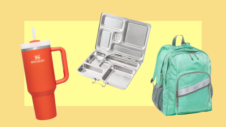 On a yellow background: A Stanley tumbler, a PlanetBox lunch box, and an L.L. Bean backpack