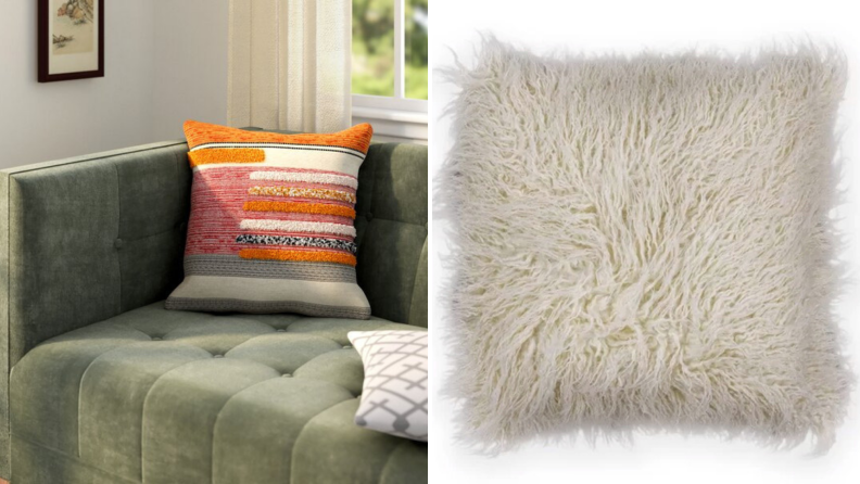 Two throw pillows with warm color and fuzzy texture
