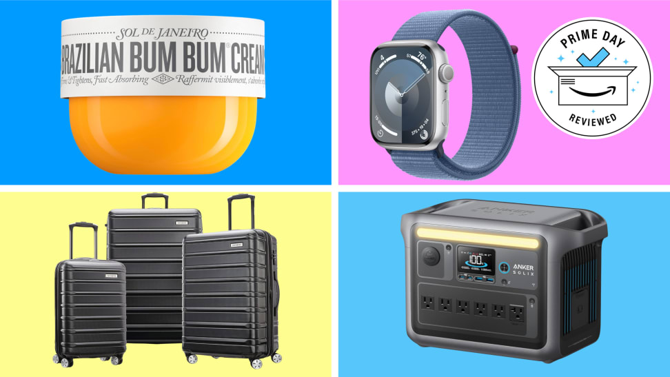 Bum Bum cream, an Apple Watch, a Jackery generator, and Samsonite luggage on a color block background