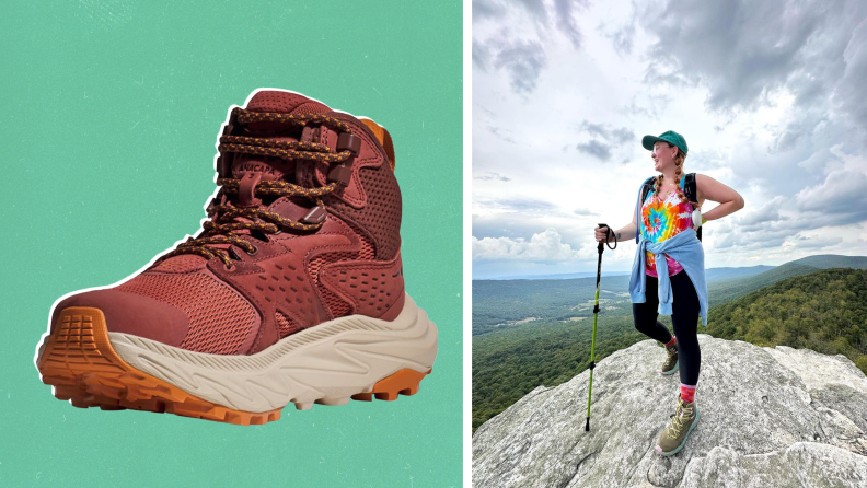 A product shot of a Hoka Hiking Boot, and a photograph of the author wearing a similar style.