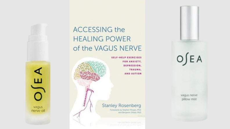 左边是迷走神经油的产物。在中间，封面的“访问迷走神经的治愈力量”书。右图迷走神经枕雾产品镜头。