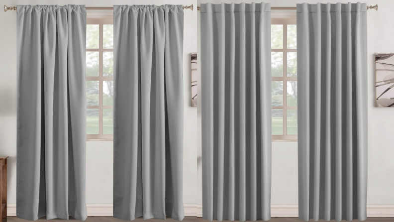 Gray colored thermal insulated blackout curtains in living room.