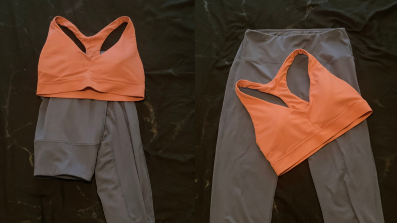 A flat-lay of an orange bralette and gray leggings.