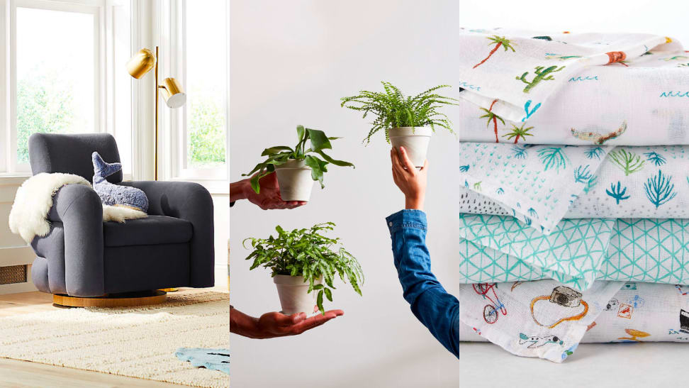 1) A gray stuffed rocking chair in a nursery. 2) Three people hold small potted plants. 3) Close up on a stack of printed crib sheets.