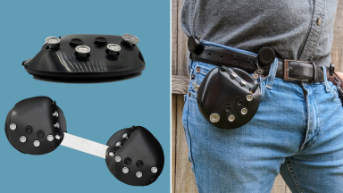 On right, shots of the black and silver CharaChorder One keyboard with bridge plate. On right, person wearing the Wear-a-Chorder keyboard attachment on waistband of blue denim jeans.